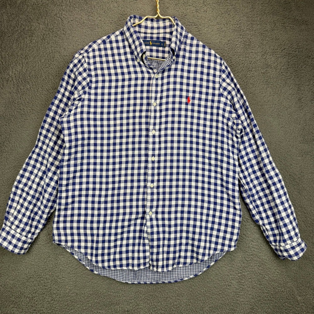 Ralph Lauren Mens Large Blue White Gingham Check Long Sleeve Button Down Shirt